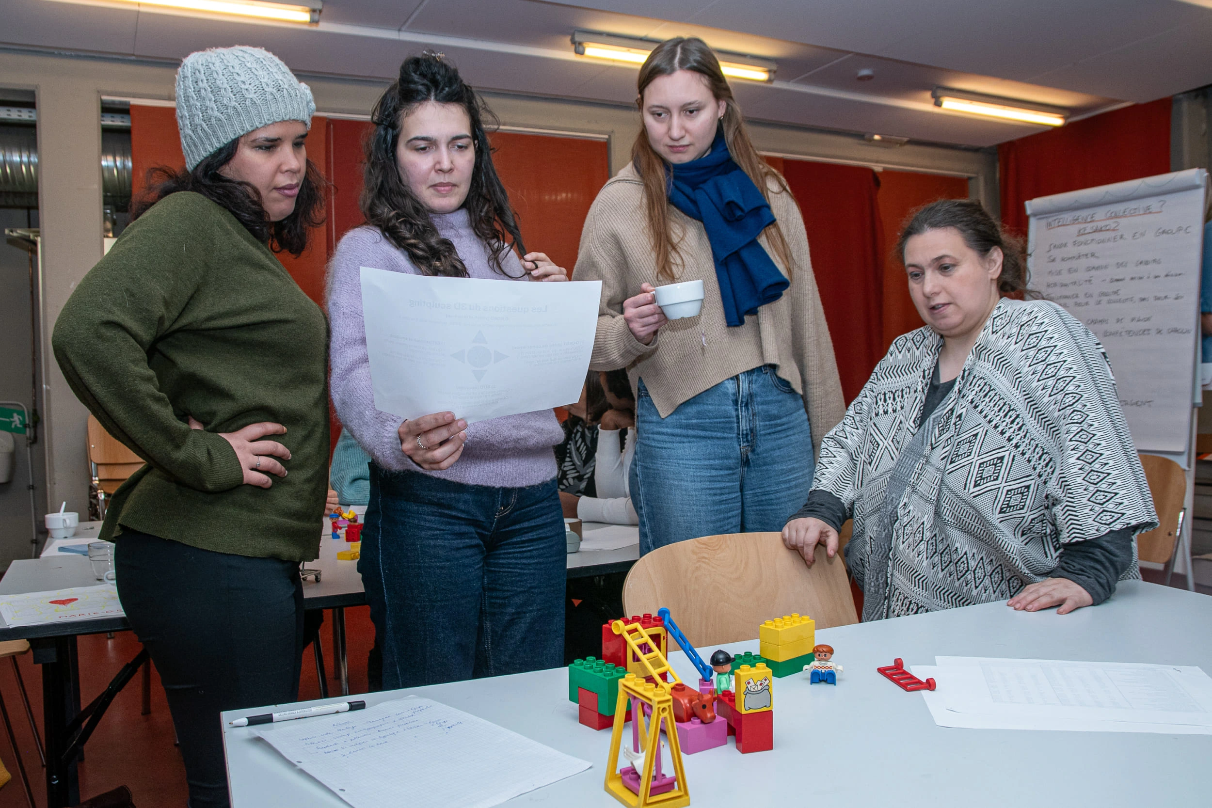  Une photo de 4 participantes à l’atelier de découverte des outils d’intelligence collective qui analysent une situation représentée en 3D, depuis différents points de vue. oplic asbl à Bruxelles Belgique